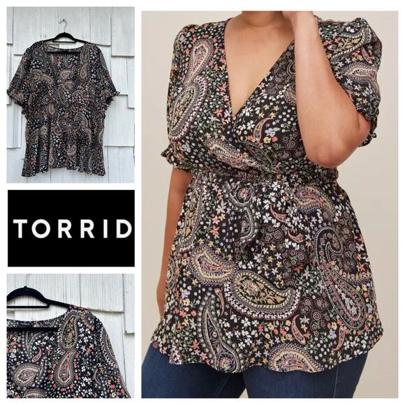 Torrid Georgette‎ Surplice Blouse Puff Sleeves Tie Waist Paisley Print Size 5 - Picture 1 of 9